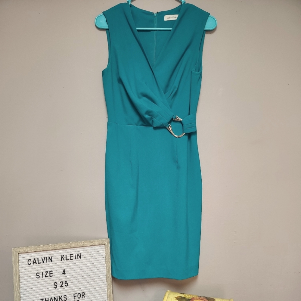 Calvin Klein aqua/teal surplice pencil dress size 4